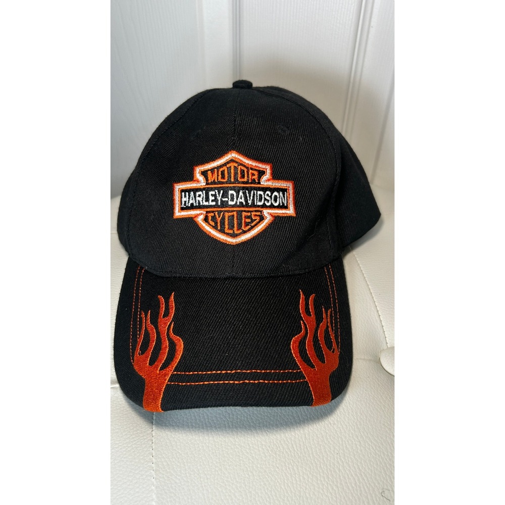 Harley Davidson Hat Baseball Cap OS Black Orange Flame Embroidered Biker‎ NEW